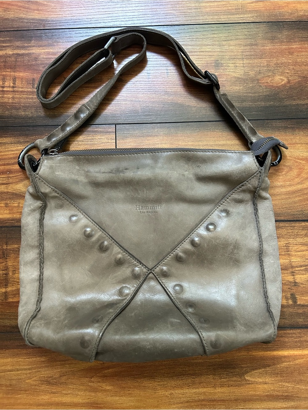 Hammitt Taupe Grey Leather Studded Crossbody Shoulder Bag